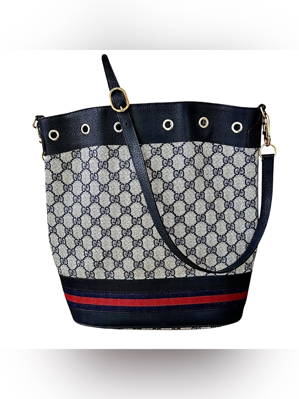GUCCI Vintage Ophidia GG Web Navy Leather & Canvas w/ Red Stripe Bucket Bag
